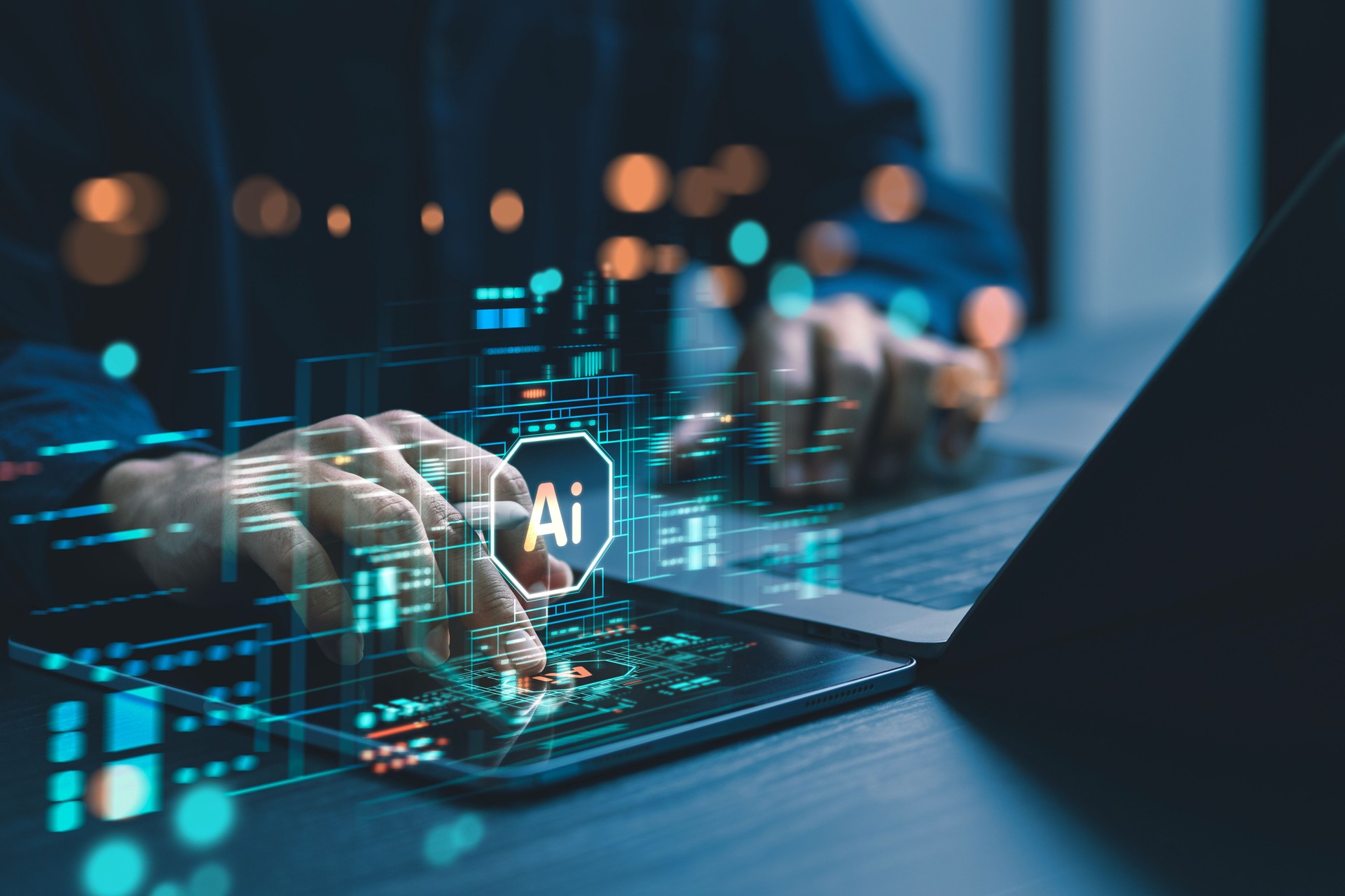 Professionisti utilizzano laptop e computer per interagire con intelligenza artificiale e analizzare big data con tecnologia all'avanguardia. Questo approccio innovativo guida Facilesito.it nella creazione di siti web professionali e realizzazione siti internet con sviluppo web rapido, sfruttando strumenti digitali avanzati per garantire performance ottimali e successo online in 72 ore a prezzi competitivi.