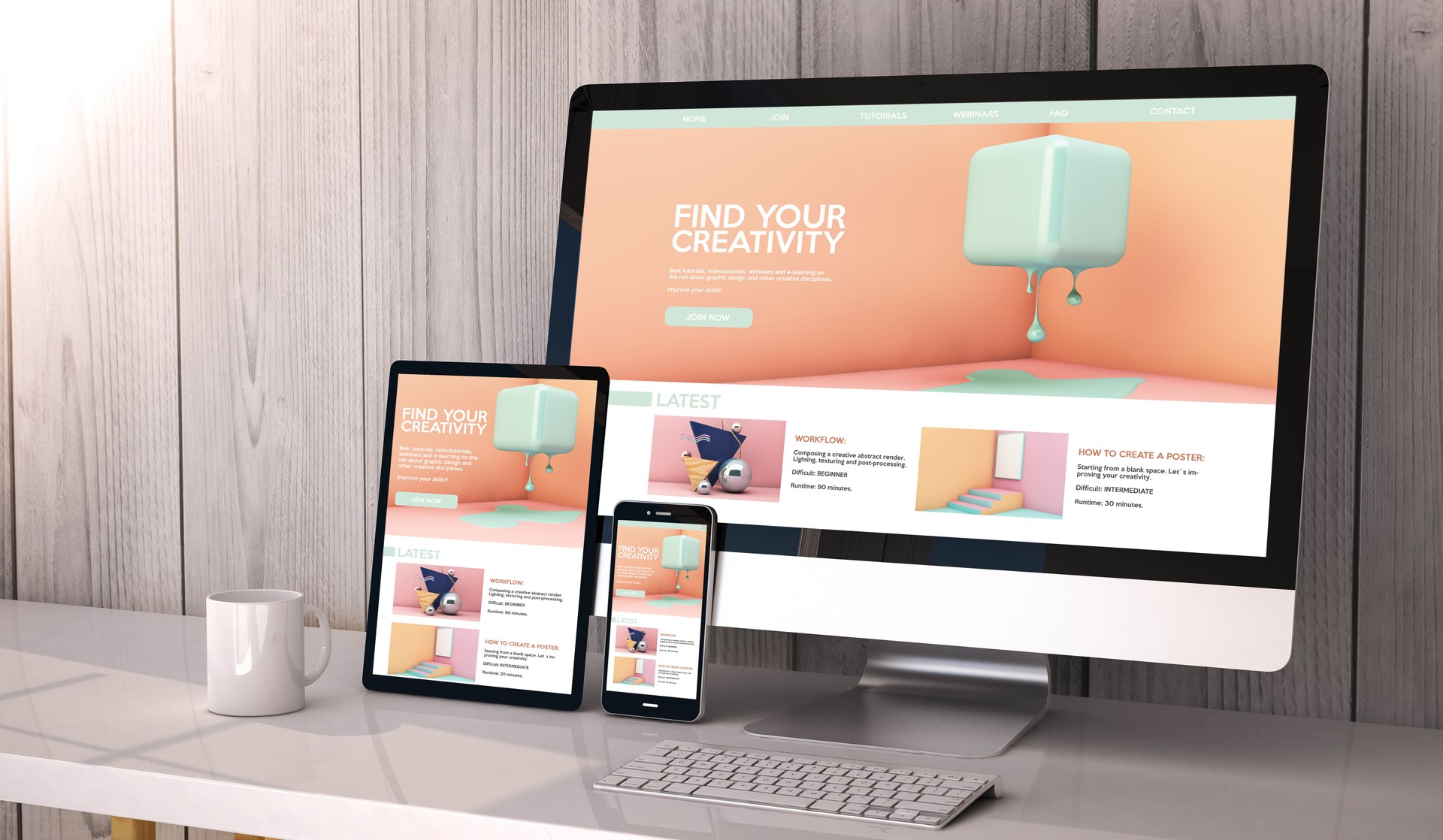 Spazio di lavoro creativo con dispositivi reattivi - desktop, tablet e smartphone - che mostrano sito web con progettazione grafica moderna e design responsive ottimale. Facilesito.it eccelle nella creazione di siti web professionali con layout adattivo e realizzazione siti internet ottimizzati per tutti i dispositivi. Il nostro team di esperti in sviluppo web rapido combina creatività digitale, grafica web accattivante e user experience impeccabile, garantendo perfetta visualizzazione su mobile e desktop per il successo online aziendale in 72 ore a prezzi competitivi.